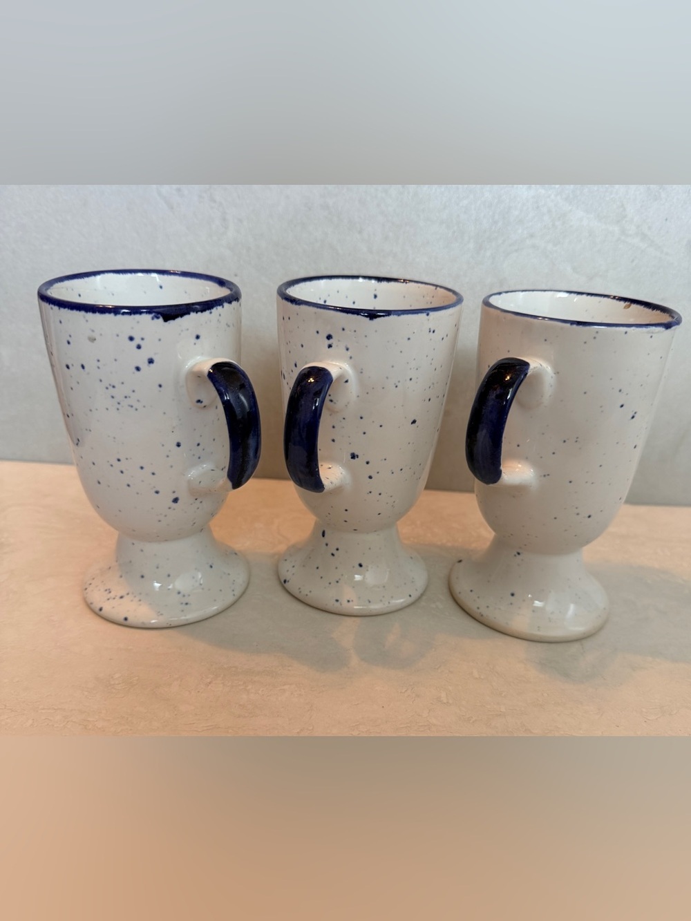 Vintage Pedestal Coffee Cups, Set of 3 White Body W/ Blue Specks EUC